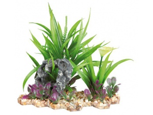 Plastová akvarijní rostlina se skalkou, na podstavci 18 cm (doprodej)