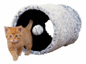 Plyšový tunel pro kočky bílo/černý s hračkou 25x50 cm