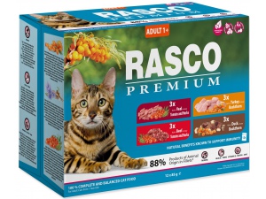 Kapsičky RASCO Premium Cat Pouch Adult - 3x beef, 3x veal, 3x turkey, 3x duck 1020g